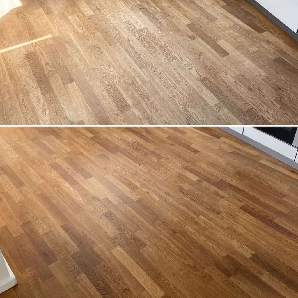 Parkettboden vor und nach der Reinigung.